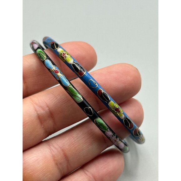 Thin Cloisonne Bangles Bracelets Black and Blue Color Enamel Oriental Jewelry - Picture 3 of 7